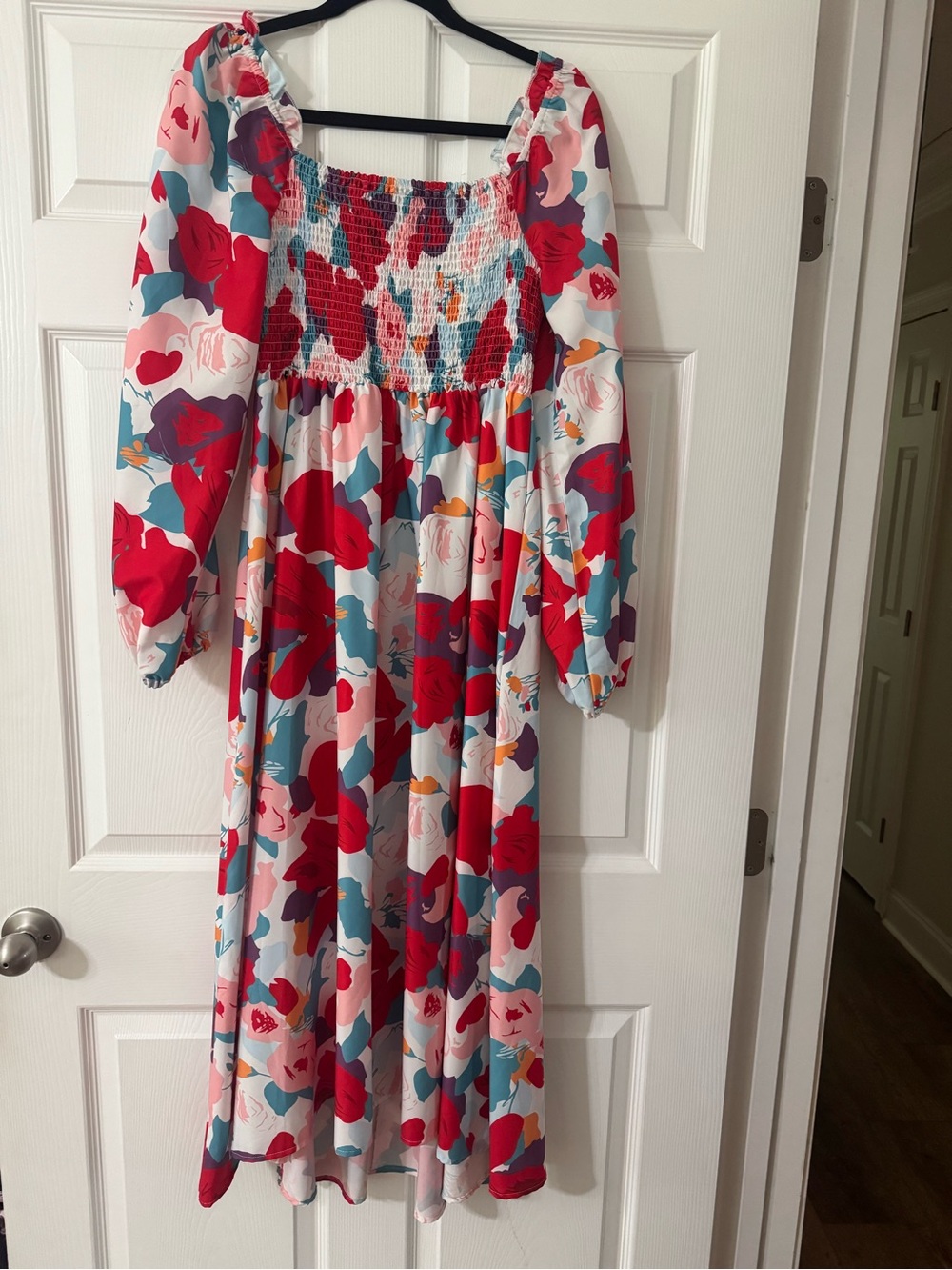 Floral Smocked Maxi Dress - Red, Pink & Teal